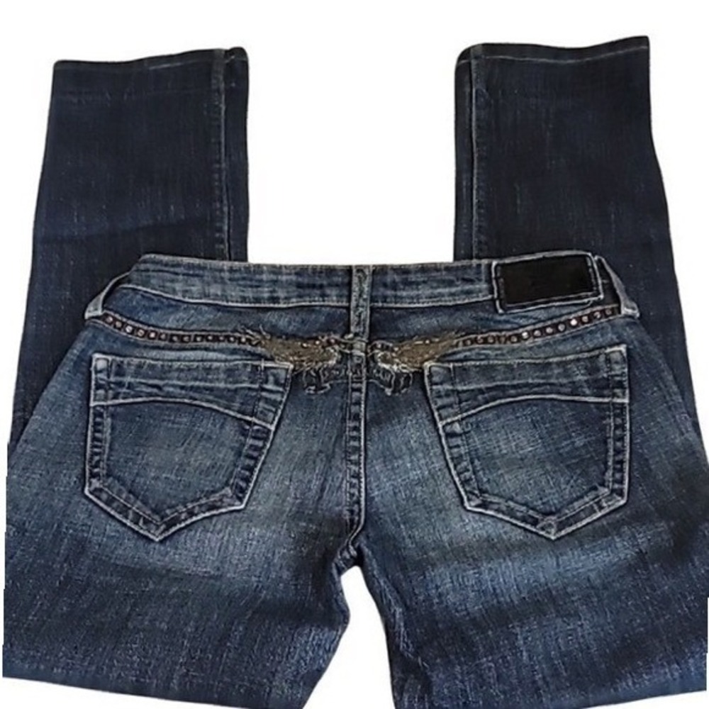 Robin's Jeans Women‎ 28 Blue Low Rise  Crystal Rhinestone Wing Embroidery Y2K